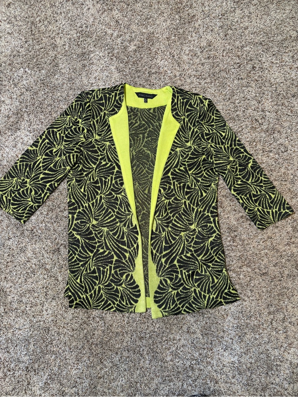 309. Ming Wang Black & Lime Open-Front Patterned Jacket, Size M